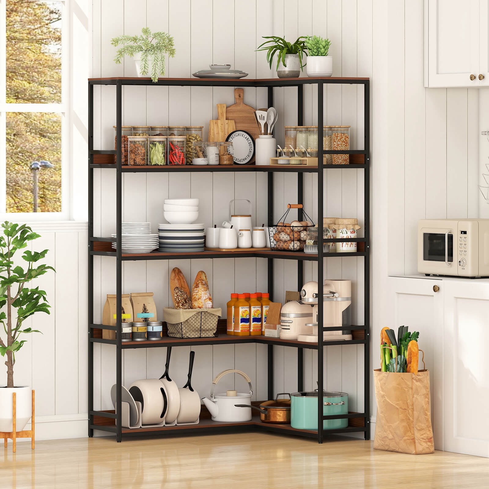 Costway Corner Bookshelf 5-Tier L-Shaped Bookcase 71" Tall Etagere Bookshelf Walnut