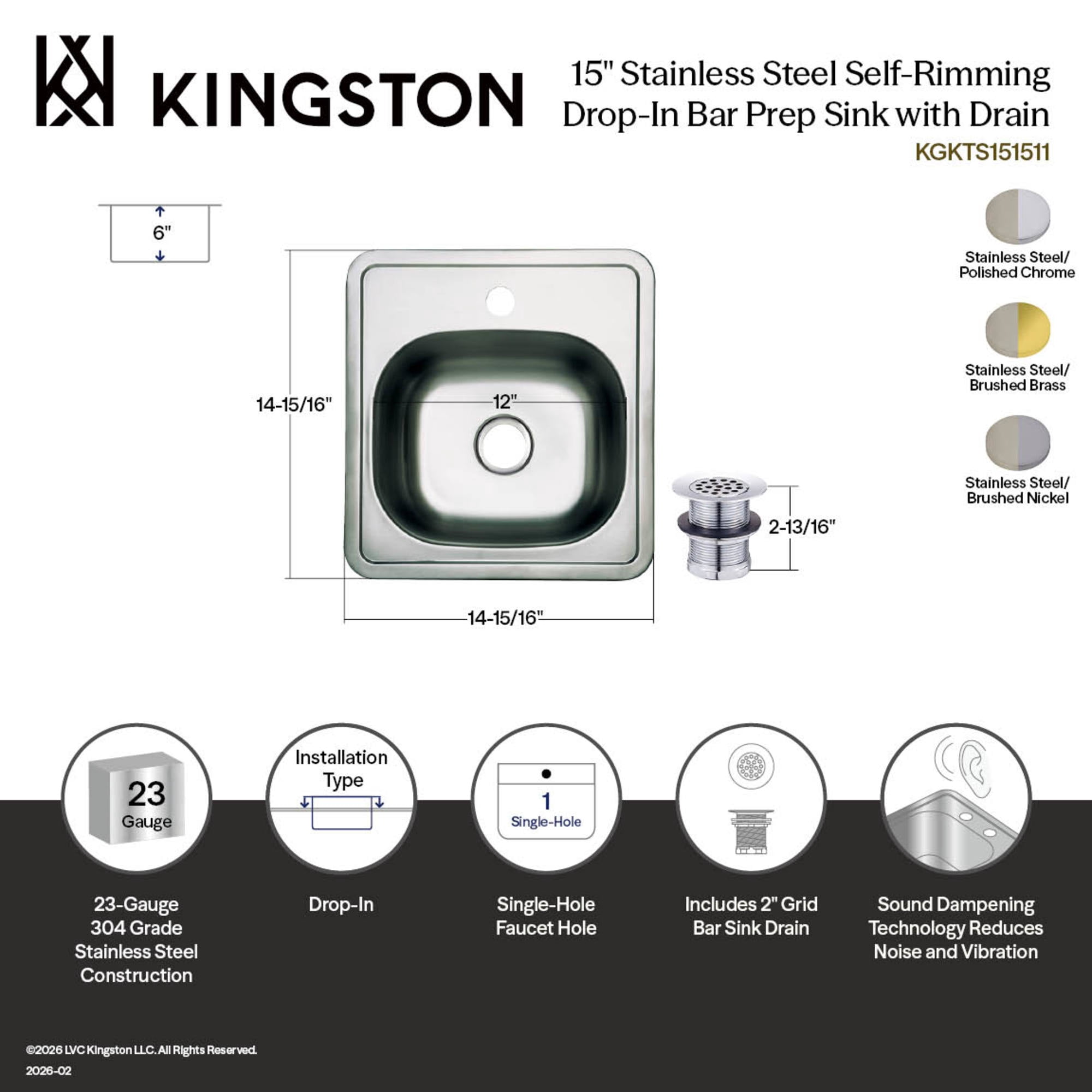 Kingston KGKTS151511 Studio 15-Inch Stainless Steel Self-Rimming Single Bowl Drop-In Bar Prep Sink (1-Hole) with Strainer in Brushed Stainless Steel/Polished Chrome