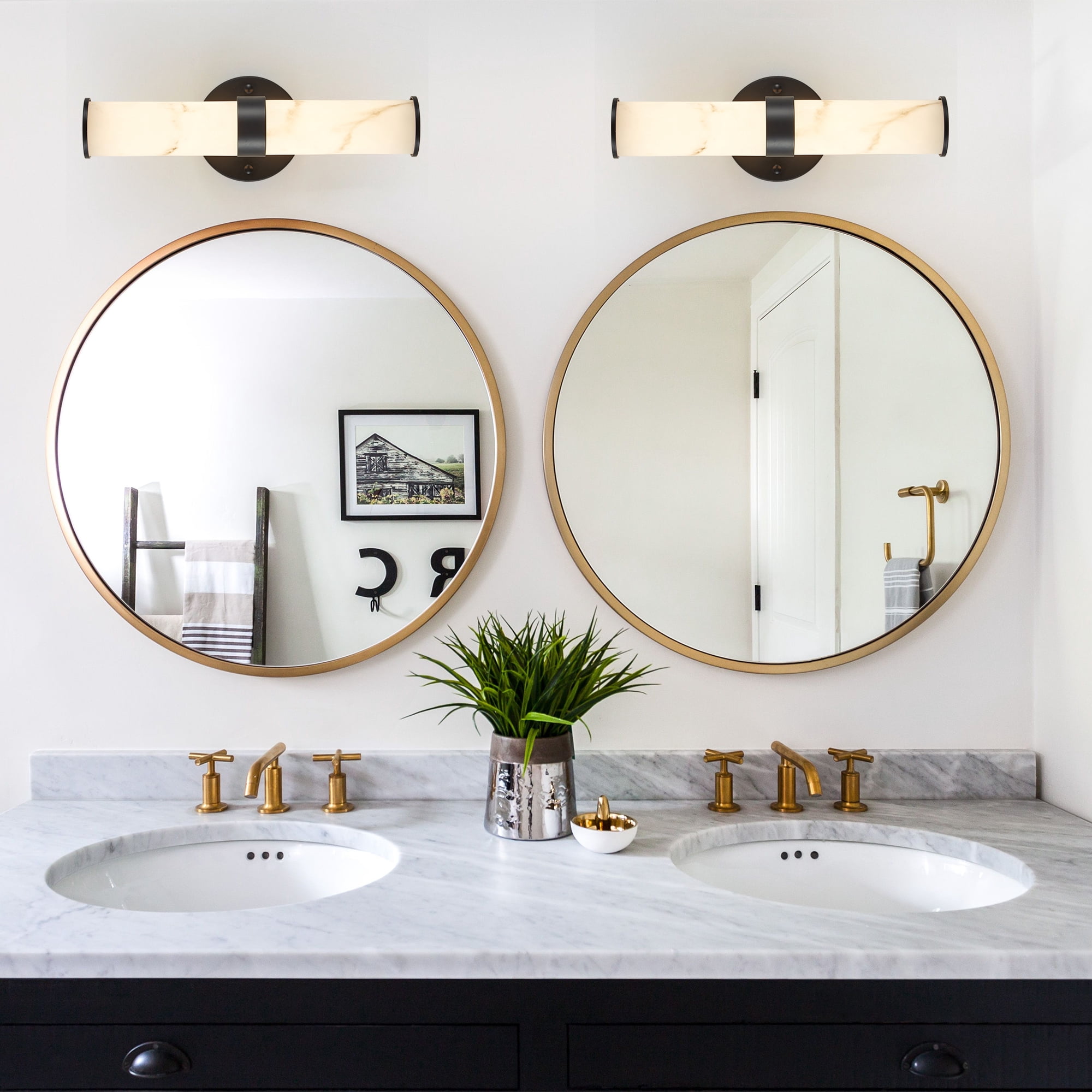 Bathroom Wall Sconces Set of 2, Modern LED Vanity Lights with Faux Marble Resin Shade, Black Wall Mount Fixture for Bedroom, Hallway, Living Room, Integrated 3000K LED