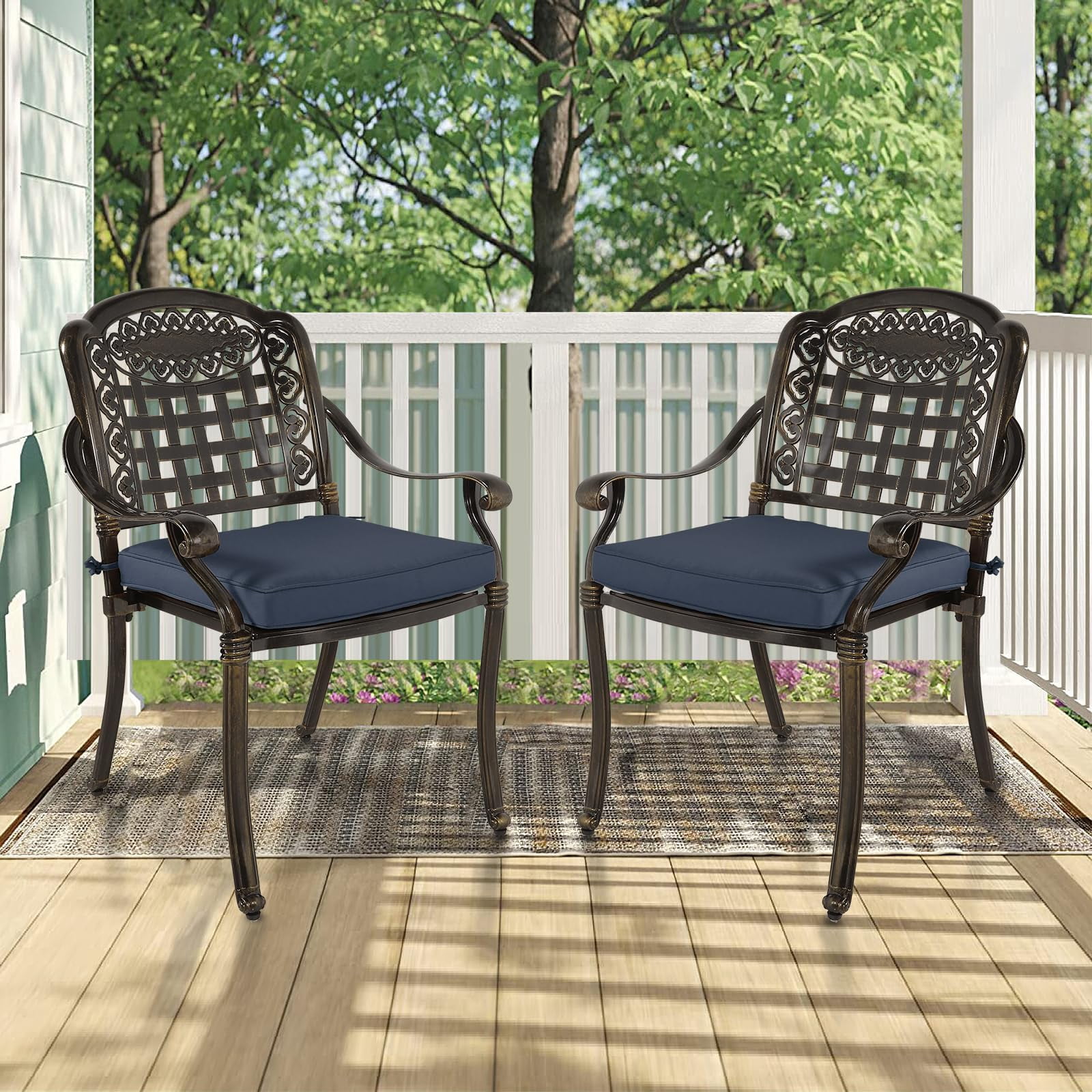 MEETWARM 2 Piece Patio Dining Chairs with Cushions, Outdoor All-Weather Cast Aluminum Chairs, Patio Bistro Dining Chair Set, Navy Blue