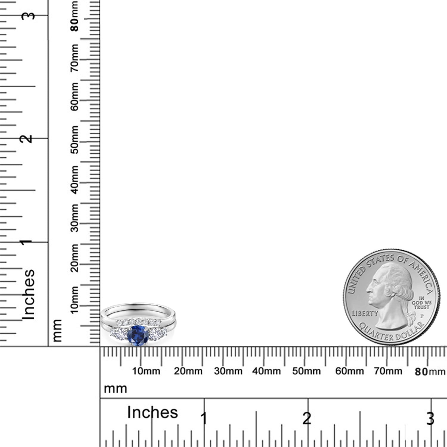 Gem Stone King 10K White Gold Blue Created Sapphire White Created Sapphire and White Lab Grown Diamond 5 Stone Bridal Engagement Wedding Ring Set for Women | 0.97 Cttw | Size 5, 6, 7, 8, 9 | Size 9