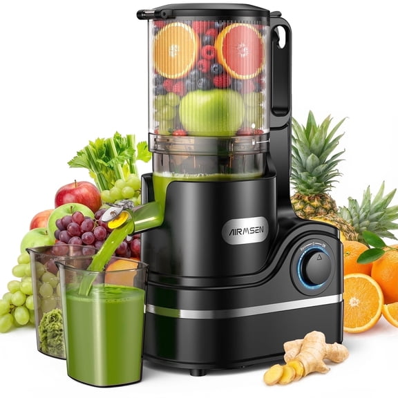 AIRMSEN Cold Press Juicer Machine with 6" Wide Feed Chute, 300W Slow Masticating Juicer, Easy-to-Clean Electric Juicer for Whole Fruits and Vegetables, BPA-Free, Black
