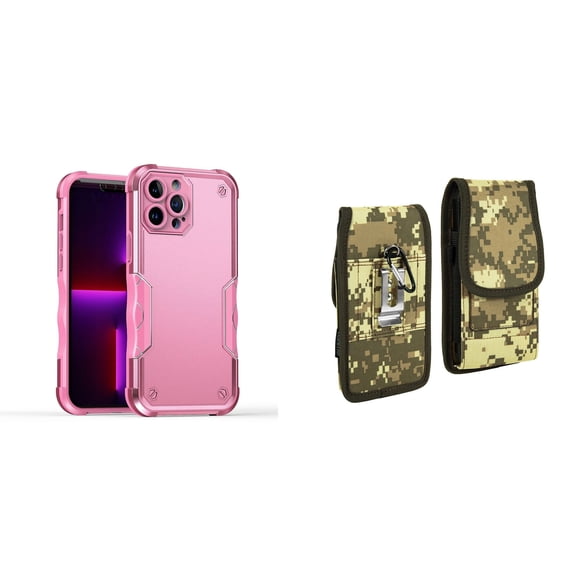 Case with Belt Holster Bundle for iPhone 14 Pro Max: Slim EX Hybrid Series Shockproof Case (Pink) and Vertical Rugged Nylon Phone Pouch (Digital Camo)