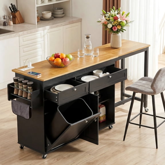 ROGALIS Rolling Kitchen Cart w/Extendable Dining Table, 81.7" Mobile Kitchen Storage Islands w/Trash Cabinet, Power Outlet, Spice Rack & Towel Rack, Black