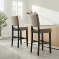 thumbnail image 3 of Leick Home 10087-Blkgl Upholstered Back Bar Stool, with Wood Base, Set of 2, for Elevated Kitchen Counters, High Top Tables, and Bars, Black and Gray Woven Fabric, 3 of 19