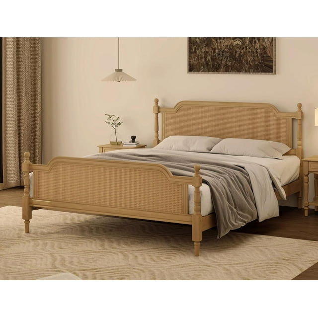 Queen Size Platform Bed Frame with Rattan Headboard and Footboard, No Box Spring Needed, Traditional Style, Pine Wood, Walnut
