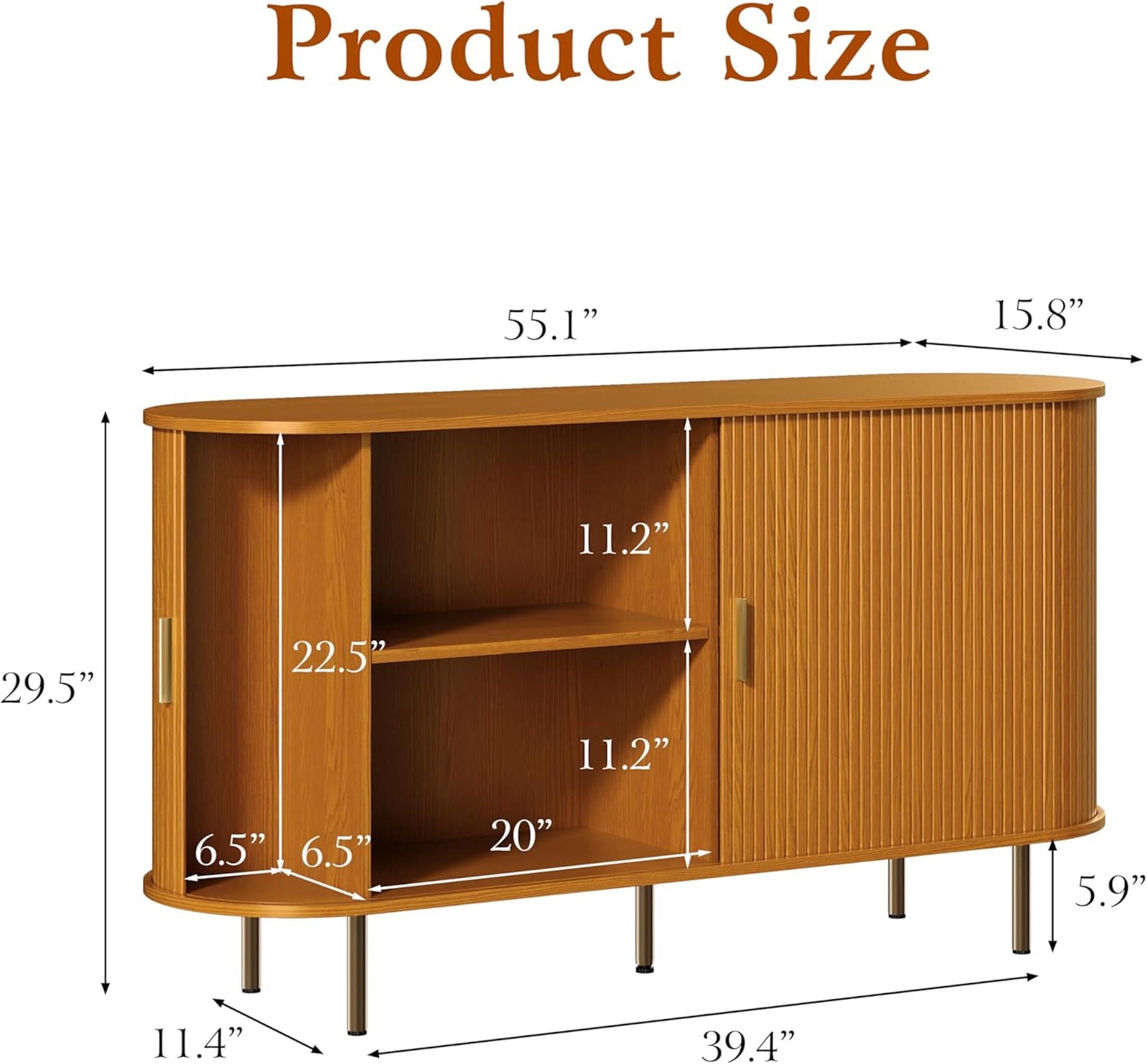 Aisword Sideboard Buffet Cabinet with Storage,Mid Century Modern Fluted Accent Coffee Bar Console Table,Tambour Sliding Doors& Adjustable Shelf for Kitchen, Living Room, Entryway, 55 Inch Yellow