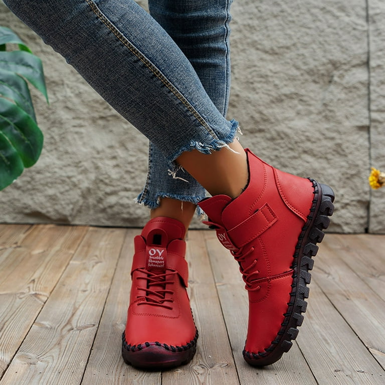 Womens High Heel Short Boots Casual Thick Soled Cross Strap Motorcycle Boots New Booties Women Boots Medium Heel Leather Boots for Women Low Heel Wide