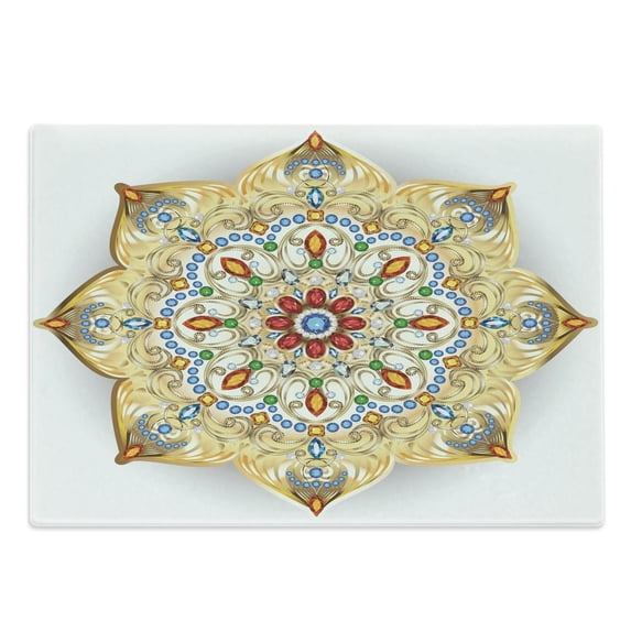 Mandala Cutting Board, Brooch Inspired Design Mandala Geometric Vintage Design Lively Digital Print, Decorative Tempered Glass Cutting and Serving Board, Large Size, Multicolor, by Ambesonne