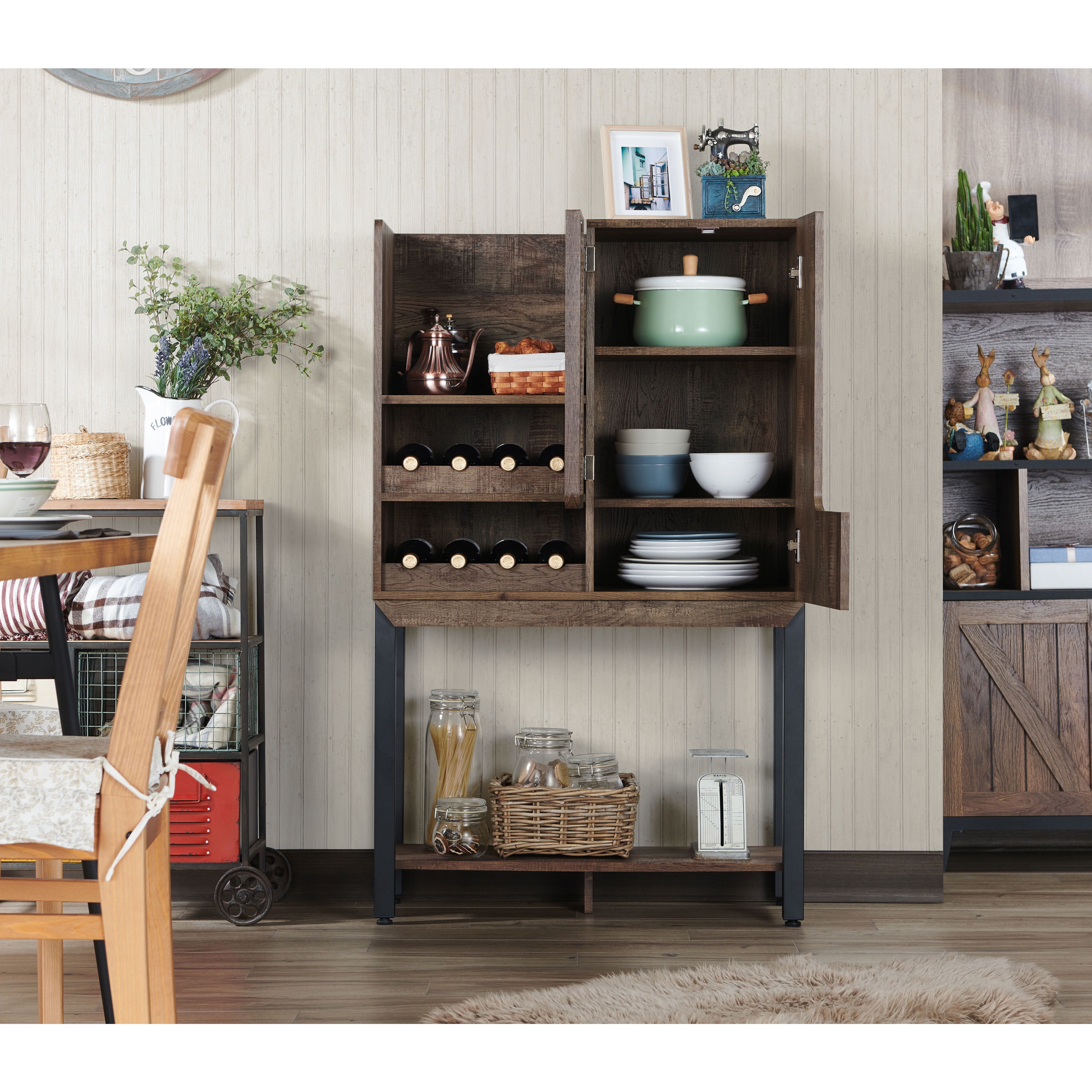 Furniture of America Pinos 31.49"Width Wood 8-Bottle Wine Cabinet with Shelves, Reclaimed Oak
