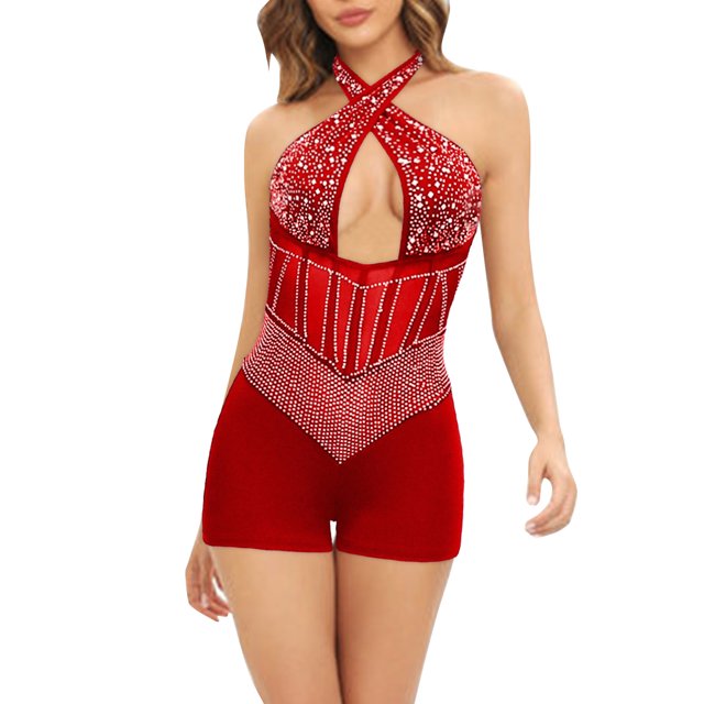 Gibobby Vestido lentejuelas CY900582 Mono ajustado sin mangas con cuello Halter para mujer, estación independiente europea y americana, comercio exterior, Sexy, a la moda(Rojo, S)