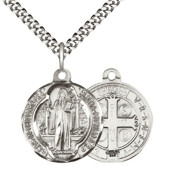 .925 Sterling Silver St Benedict Medal Pendant on 24 Inch Endless Rhodium Plated Heavy Curb Chain -Catholic Religious Necklace Made in USA,Deluxe Velvet Gift Box
