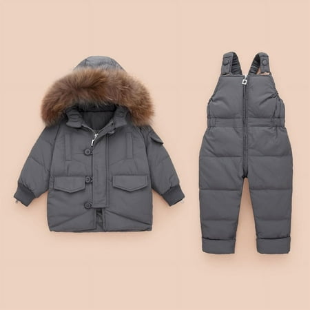 Hicidod Toddler Snow Suit Hooded Windproof Fashion Solid Toddler Snowsuit Thicken Winter Puffy Ski Snow Pant And Jacket Bib Set