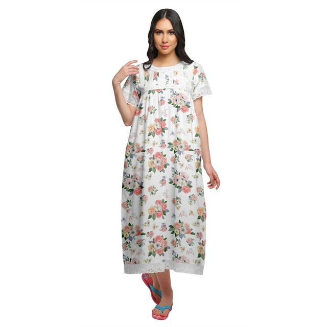 Moomaya Robe de Nuit Imprimée pour Femmes en Coton, Bordure à Volants, Robe de Nuit d'Allaitement