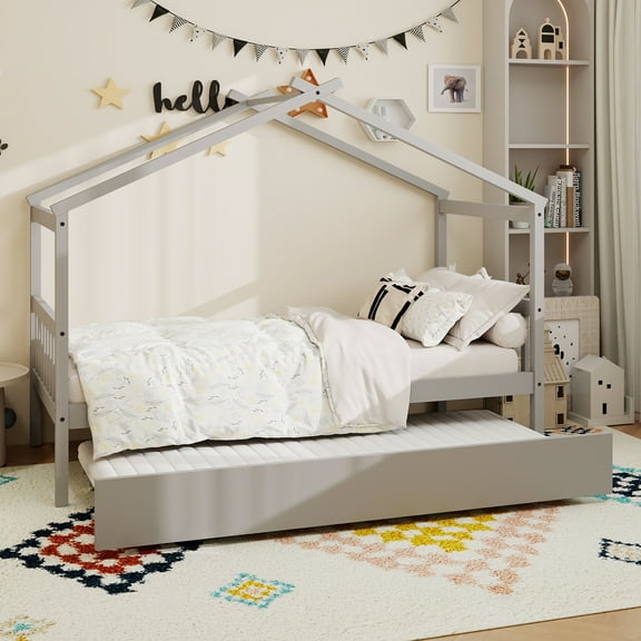 Twin Size Wooden House Bed with Twin Size Trundle, Gray