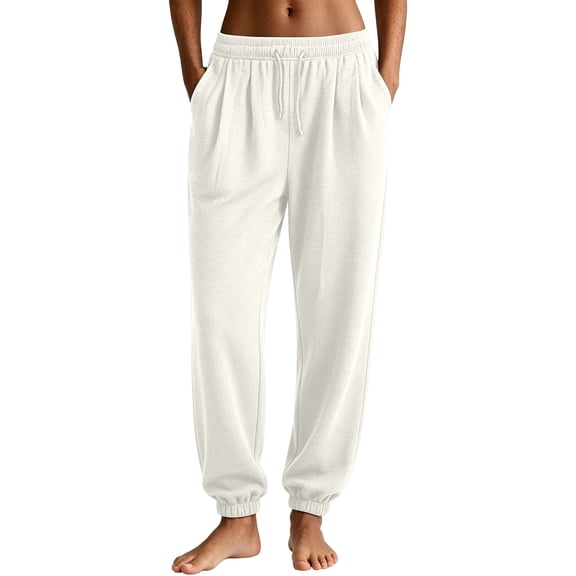 Bibifish Womens Waffle Knit Jogger Pants High Waisted Drawstring Elastic Waist Ribbed Ankle Cuffs Lounging Pants With Pockets