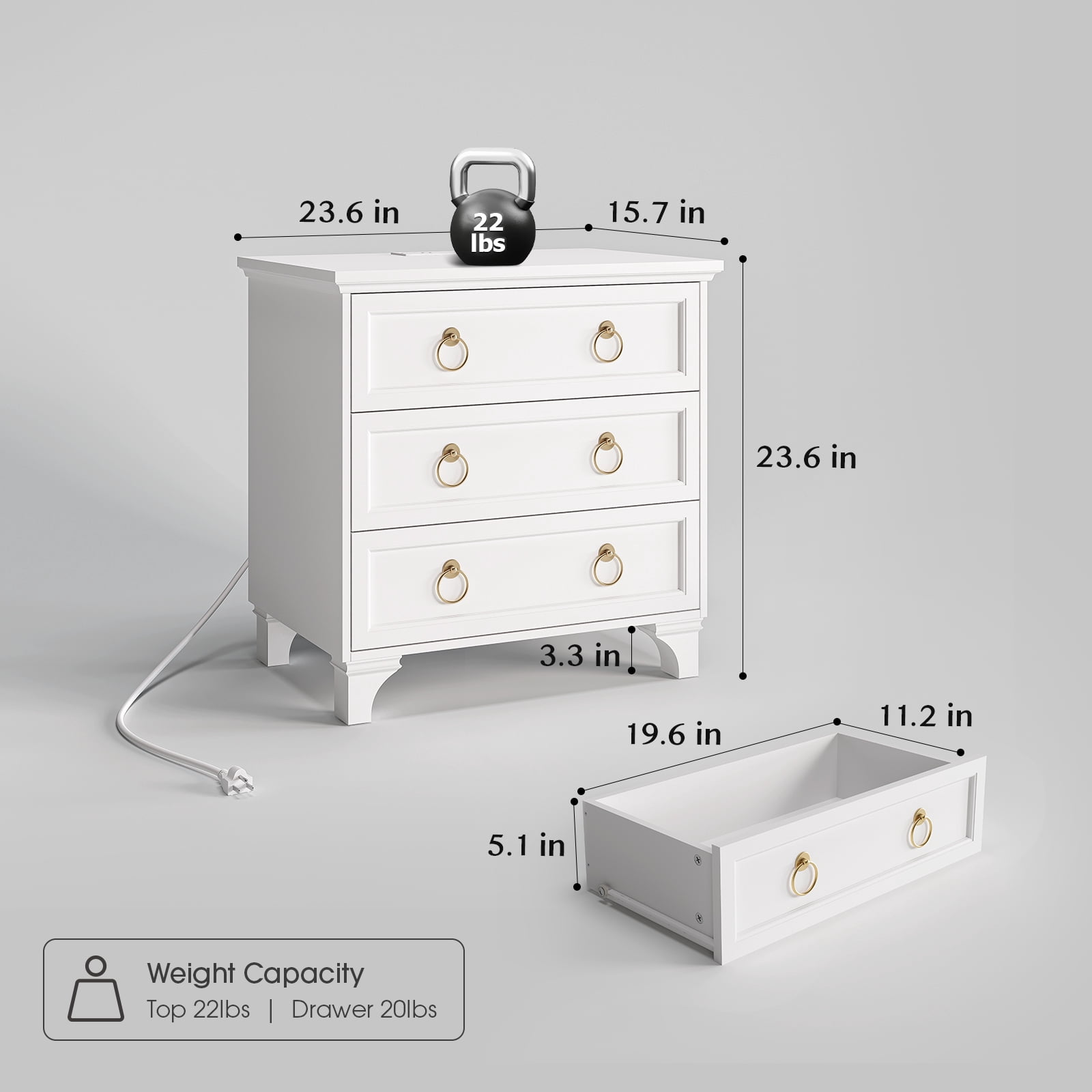 JOINICE Nightstand Set of 2 with 3 Drawers, Wood Bedside Table Night Stand with Charging Station, Sofa Side End Table for Bedroom, Living Room, White