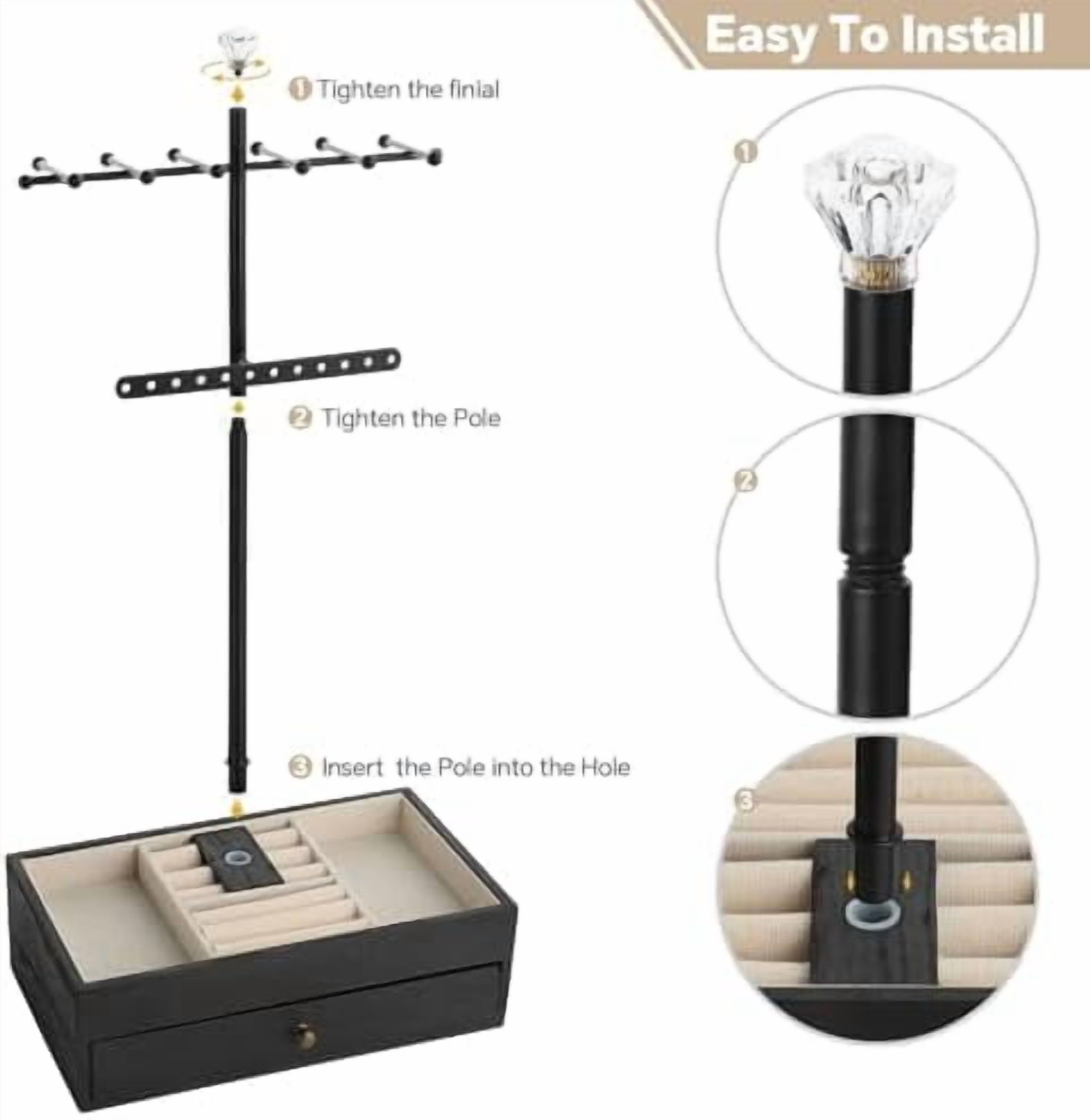 Jewelry Organizer Stand, 3-Tier Necklace Holder Jewelry Tree with Wooden Storage Drawer Box for Necklace Bracelet Earring Ring,Black