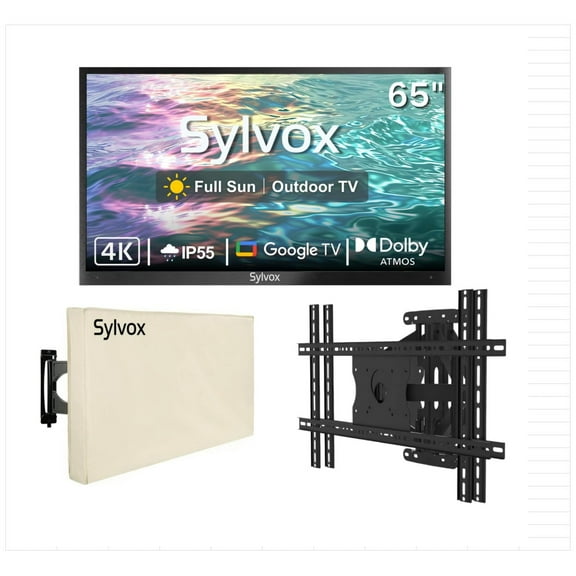 SYLVOX 65" Full Sun Outdoor TV with Mount and Cover, IP55 Weatherproof TV 2000nit Brightness, 4K UHD, Google OS, Dolby Atmos, Voice Remote (Pool Pro 2.0)