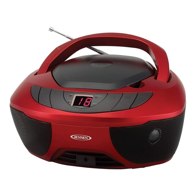 Jensen CD-475R Reproductor de CD estéreo deportivo portátil con radio AM/FM y entrada de línea auxiliar y conector para auriculares (rojo)
