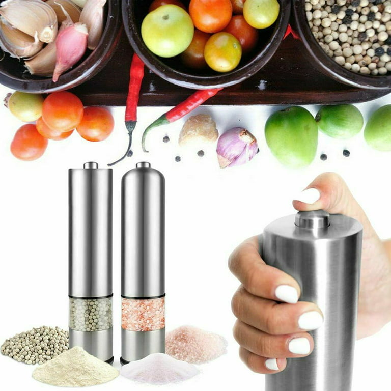 HSYP Electric Salt and Pepper Grinder Set (Pack of 2 Mills) One Handed Push  Button Peppercorn Grinders and Sea Salt Mills Refillable Pepper Grinders