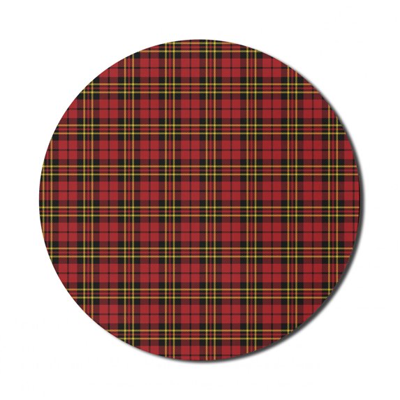 Checkered Mouse Pad for Computers, Scottish British Celtic Culture Traditional Design in Classical Colors, Round Non-Slip Thick Rubber Modern Gaming Mousepad, 8" Round, Red Black Yellow, by Ambesonne