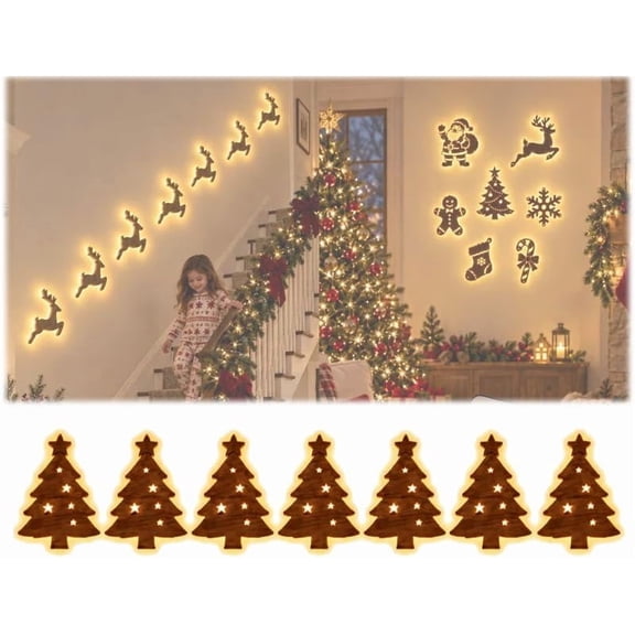 3D Light Up Wooden Reindeer Wall Decor 7Pcs,LED Christmas Silhouette Lights with Peel Stick Backing,Warm Glow Festive Holiday Home Decoration Gift Set