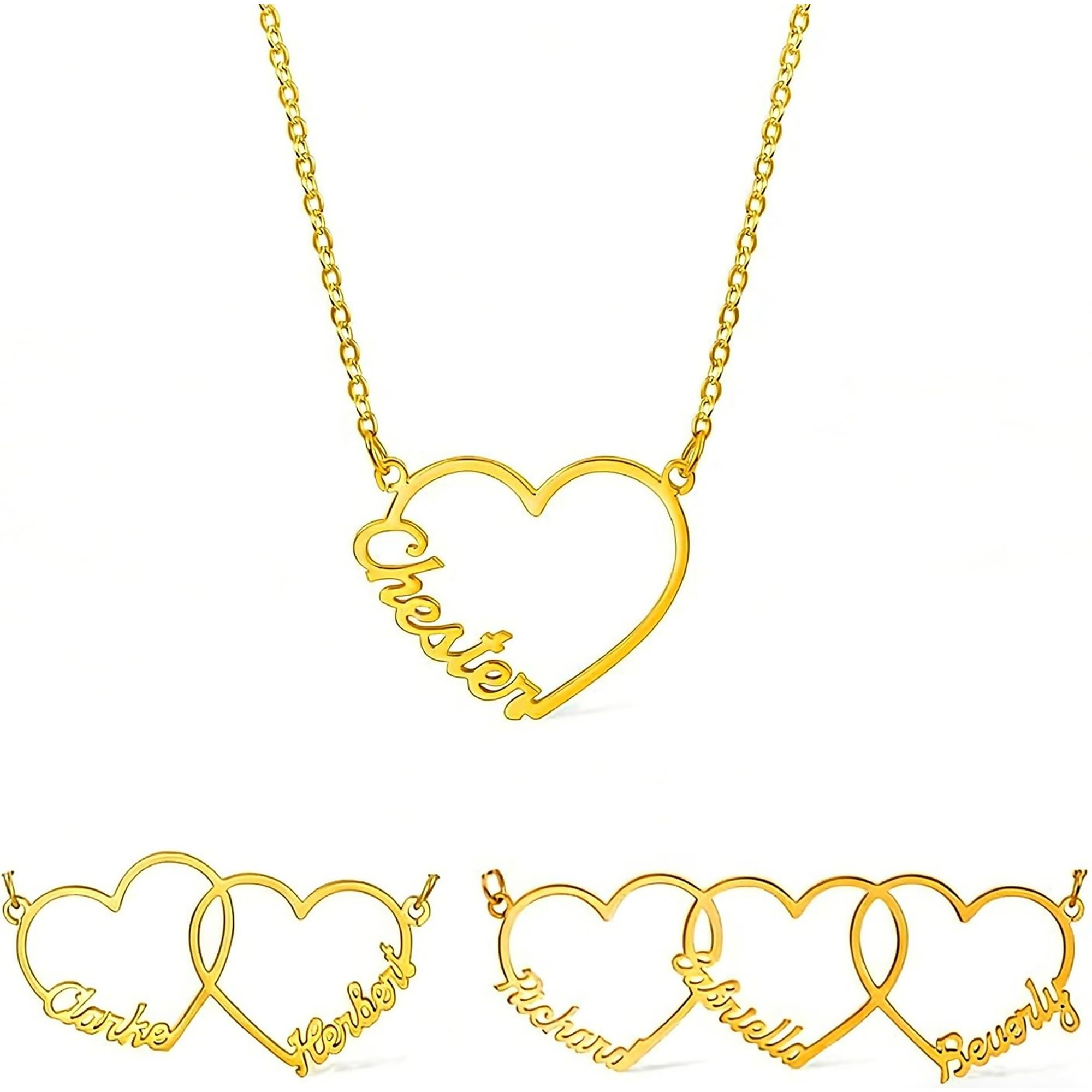 Zephyriana Family Name Necklace with Heart, Multiple Hearts Necklace, Personalized Jewelry for Mom Couple BFF