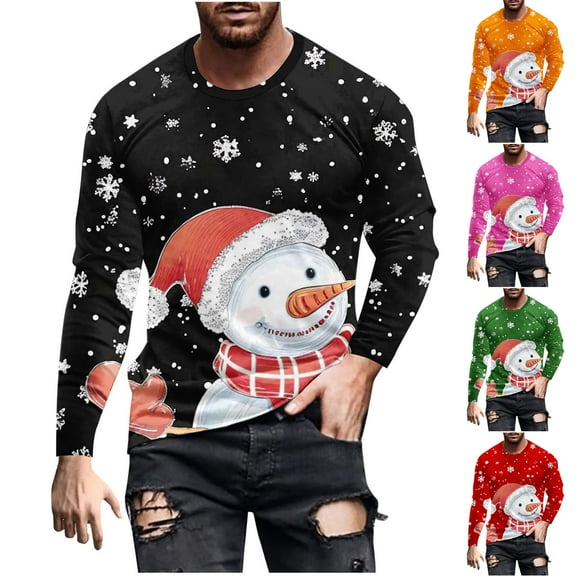 Brondbend Mens Top Christmas Mens Shirts Long Sleeve Crewneck Workout Pullover Printed Fashion Blouse Loose Party Clothes Black