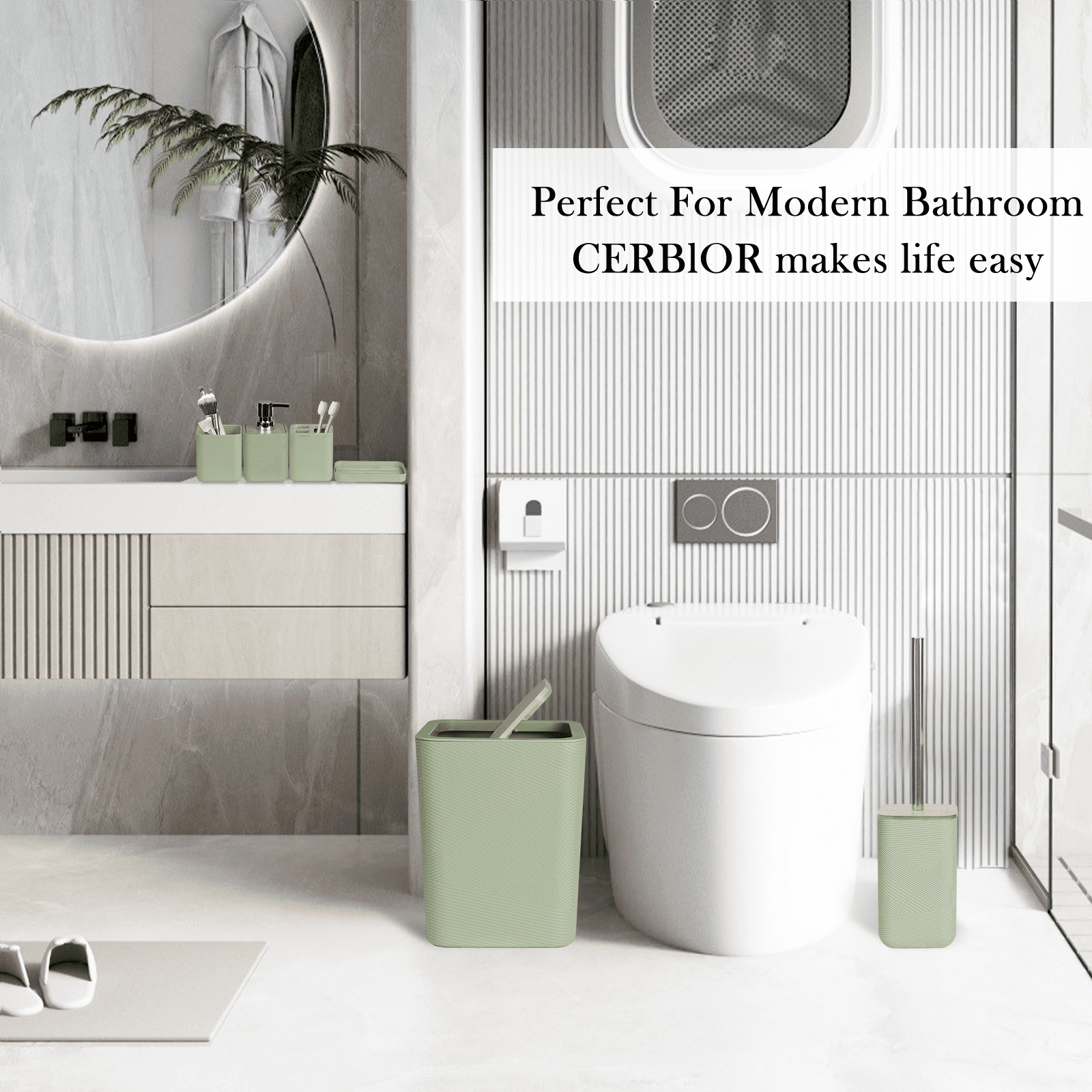 CERBIOR Bathroom Accessories Set 6 Piece Bamboo Bath Ensemble Includes Soap Dispenser, Toothbrush Holder, Toothbrush Cup, Soap Dish for Decorative Countertop and Housewarming Gift, Green