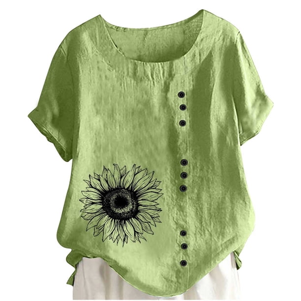 Camiseta Casual de Manga Corta con Botón de Cuello Redondo de las Mujeres, Tops Cortos para las Mujeres