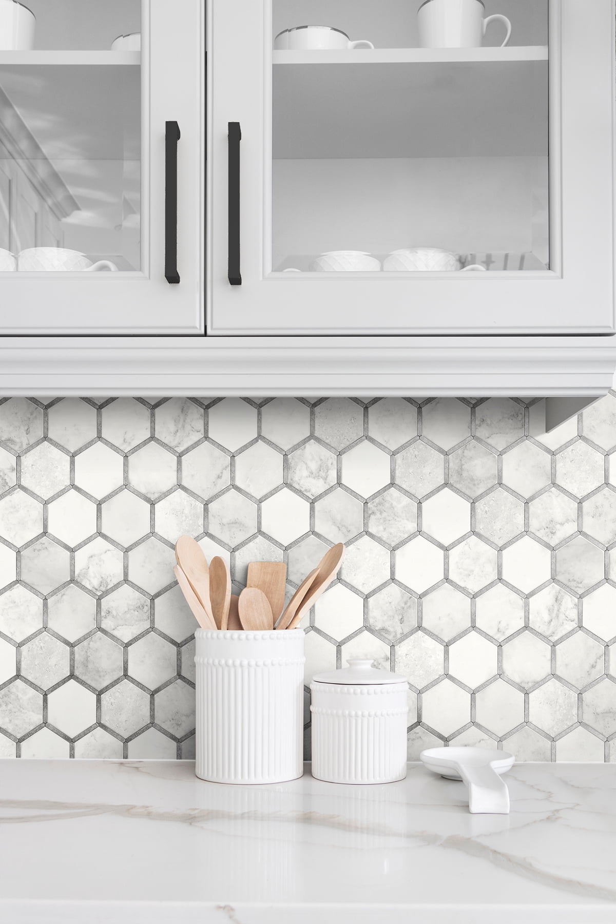 NextWall Carrara & Metallic Silver Inlay Hexagon Peel and Stick Wallpaper