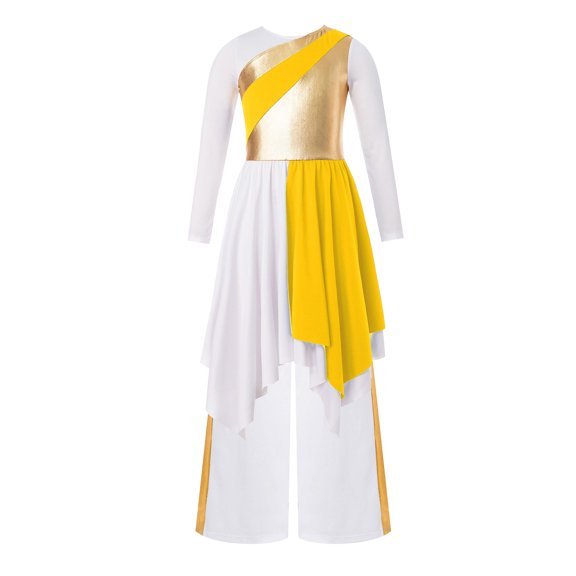 YiZYiF Kids Girls Metallic Color Block Praise Dance Dress And Wide Leg Pants Liturgical Worship Costumes Yellow 12