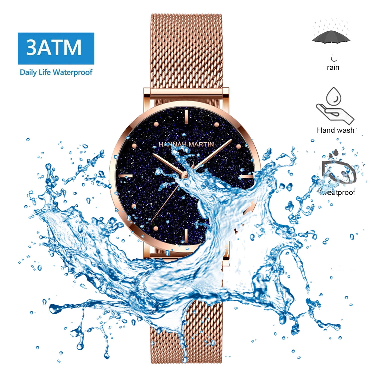 Watches for Women Fashion Quartz Starry Sky Analog Dress Wristwatch Waterproof Stainless Steel Rose Gold Mesh Band Watch