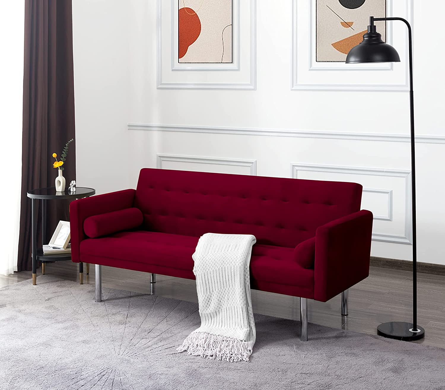 Square Arm Velvet Futon Sofa Bed, Convertible Sleeper Sofa with Modern