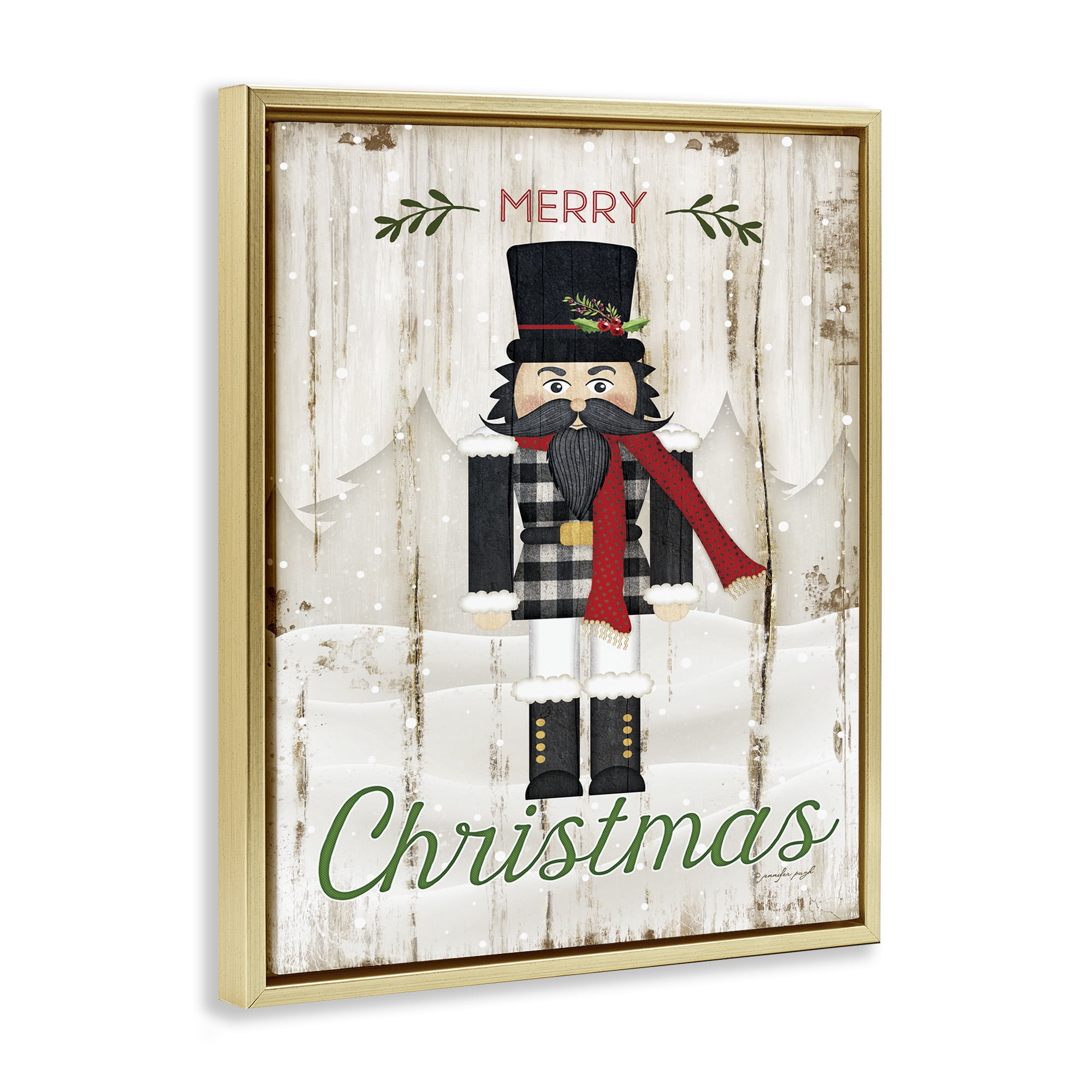 Stupell Industries Merry Christmas Winter Nutcracker Holiday Painting Gold Floater Framed Canvas Art Print Wall Art, 25 x 31