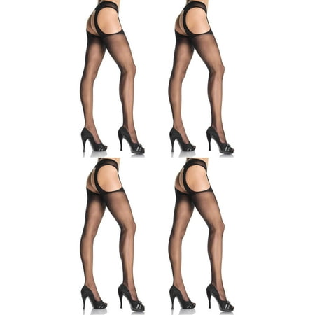 Leg Avenue Women's Plus Size Sheer Garter Belt Pantyhose,Black, 4-Pair