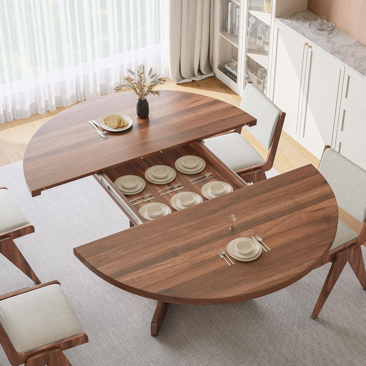 iPormis 59" Round Extendable Dining Room Table for 6, Modern Oval Kitchen Table with Heavy Duty Wood Base, Dinette for Kitchen Living Room,Walnut