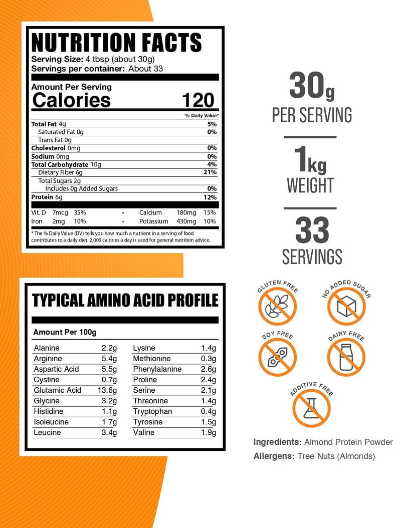 BulkSupplements Almond Protein Powder, Plant-Based Protein, 1kg, 33 Servings