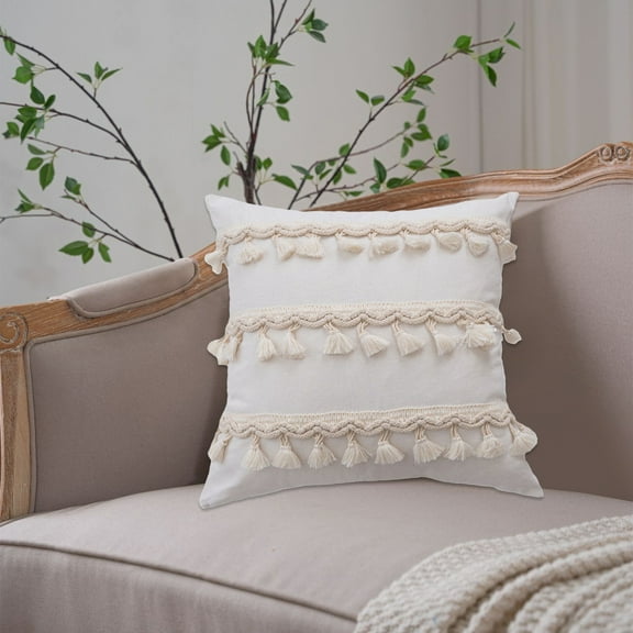 Boho Farmhouse Decorative Linen Fringe Throw Pillow Covers with Tassels Soft Accent Pillowcase for Couch Chair Sofa Bed Living Room Home Decor, 18x18 Inch