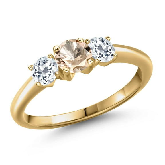 Gem Stone King 18K Yellow Gold Plated Silver Peach Morganite and White Topaz Engagement Ring for Women | 1.06 Cttw | Round 5MM | Gemstone October Birthstone | Size 8