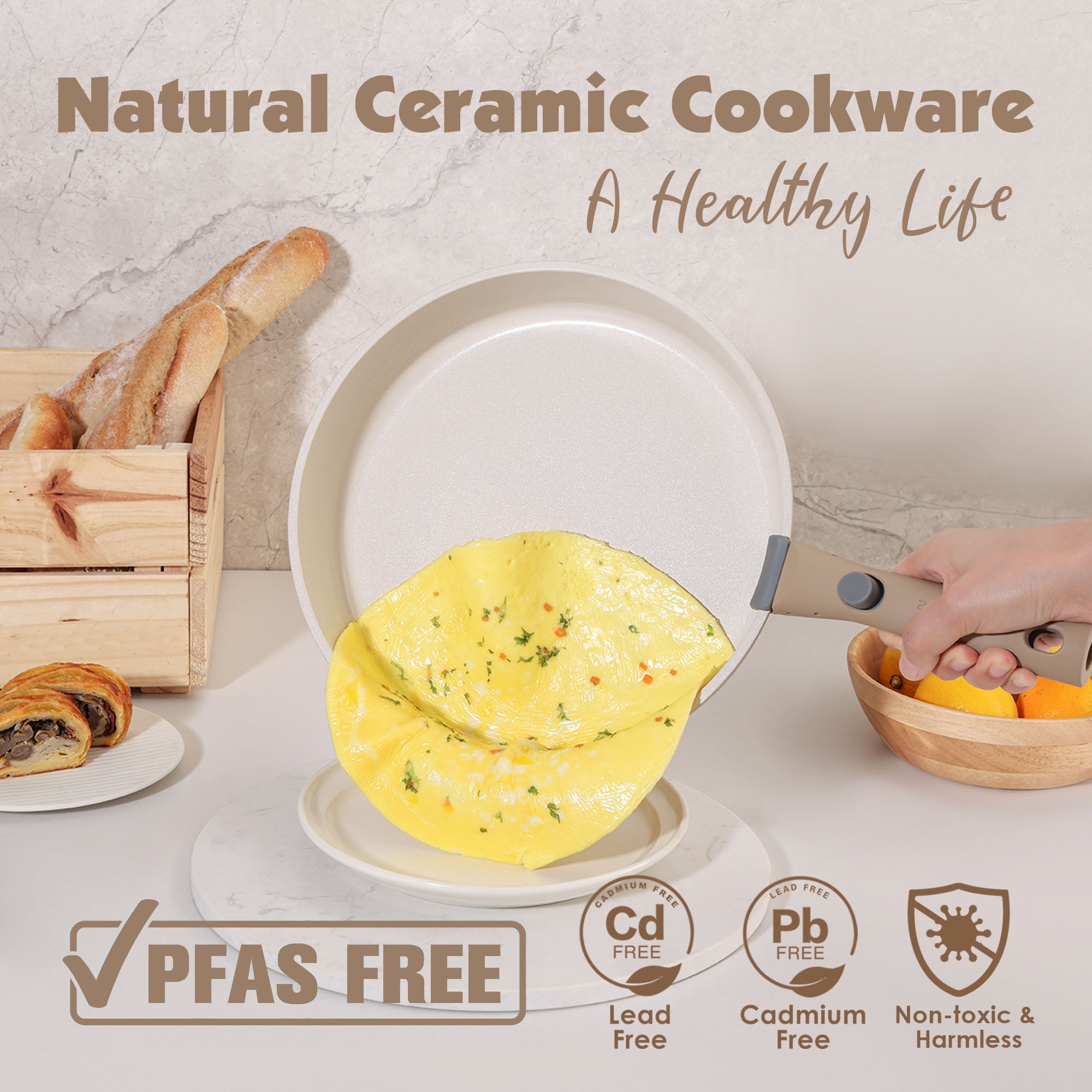 SENSARTE 18-Piece Ceramic Cookware Set with Detachable Handle, Almond Beige Nonstick Pots and Pans Set,Induction Compatible, Dishwasher/Oven Safe, Healthy Cooking Set for RV & Camping