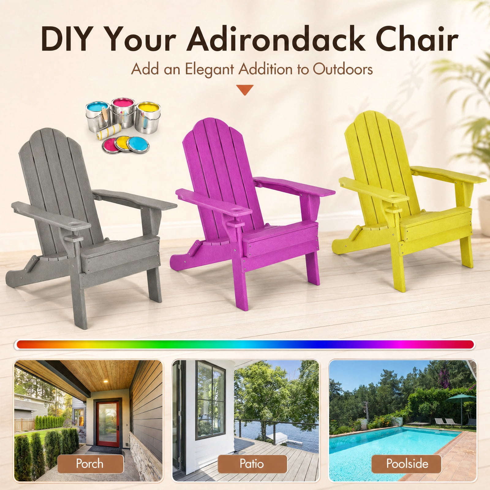 Furnibear Foldable Weather Resistant Adirondack Chair with Built-In Cup Holder Wide Armrests and Ergonomic Seat for Patio Deck and Garden, Gray