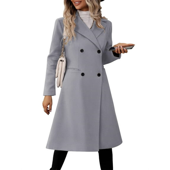 Fall Winter Womens Long Double Breasted Coats Lapel Collar Pea Coat Slim Fit Jackets Trench Coat Outwear