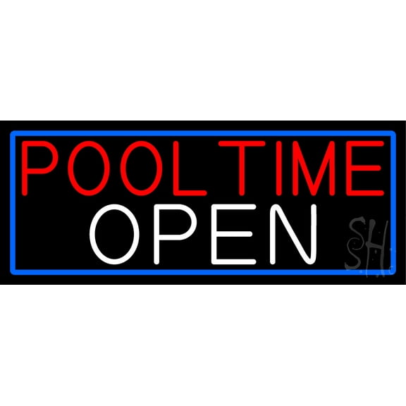 Pool Time Open With Blue Border LED Neon Sign 10 x 24 - inches, Black Square Cut Acrylic Backing, with Dimmer - Bright and Premium built indoor LED Neon Sign for Bar decor.