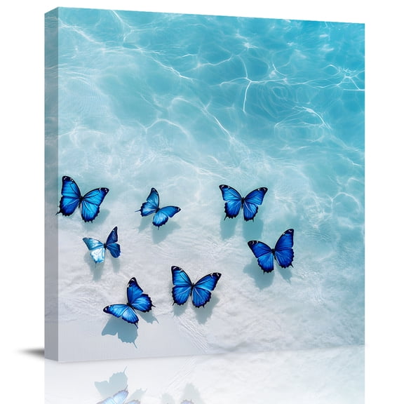 Wall Art Prints, Navy Blue Butterflies Coastal Framed Canvas Prints for Bedroom Living Room Bathroom Office, Summer Beach Ocean Gallery Wrap Wall Art Poster for Gifts Home Decor 16"x16"