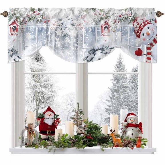 Christmas Tie Up Valances Curtain, Cute Red Snowman Xmas Pine Leaf Winter Snowflake Adjustable Rod Pocket Short Window Treatment Tie Up Curtains Valances for Kitchen Living Room Bathroom 54x18 Inches