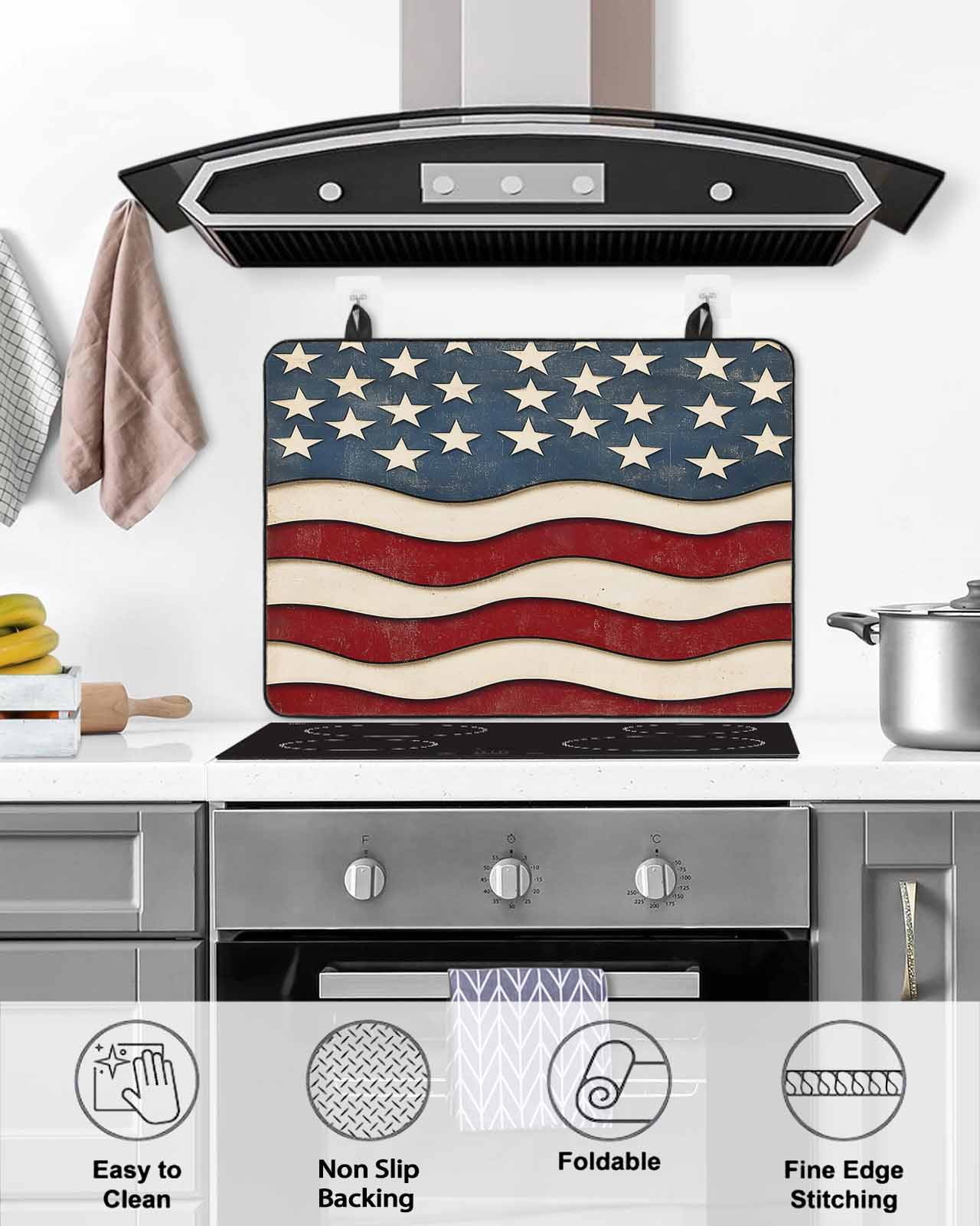 nqOlkjepod Large Induction Cooktop Protector Mat 36"x21", Retro American Flag Stove Top Covers for Electric Stove, White Star Red Blue US Flag Stove Burner Cover Mats, Glass Top Stove Cover