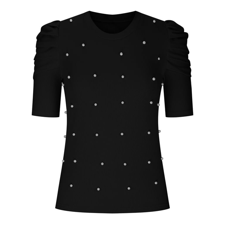 RYRJJ Women's Tops Elegant Pearl Embellished Puff Short Sleeve Embroidered Blouse  Tops Trendy Slim Fit Knit Ribbed Summer Shirts(Black,M) 