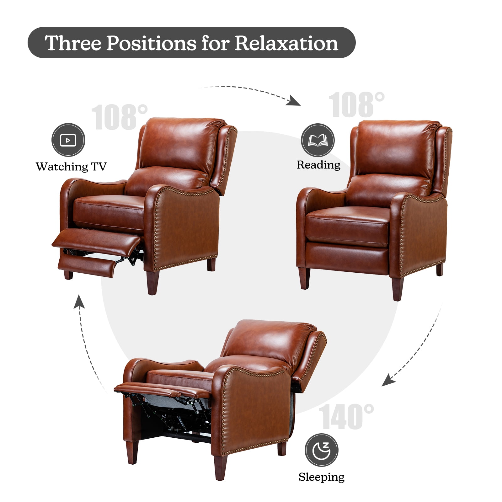 Genuine Leather Recliner Chair Push Back Upholstered Armchair Wingback Lounge Sofa Wood Leg Home Decor Living Room Bedroom Brown